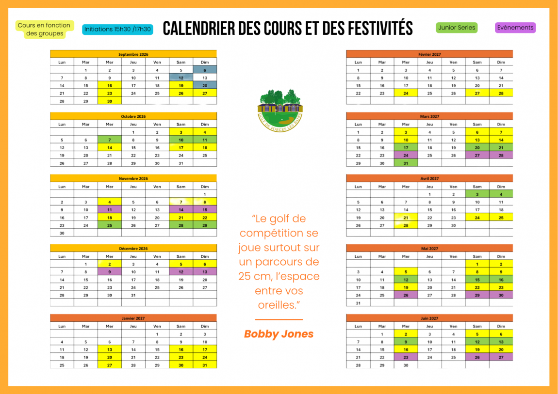 Planning des cours de Golf